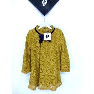 Genuine Girl's Oshkosh Round Neck With Velvet Bow Gold Lace Long Sleeve Dress 2T